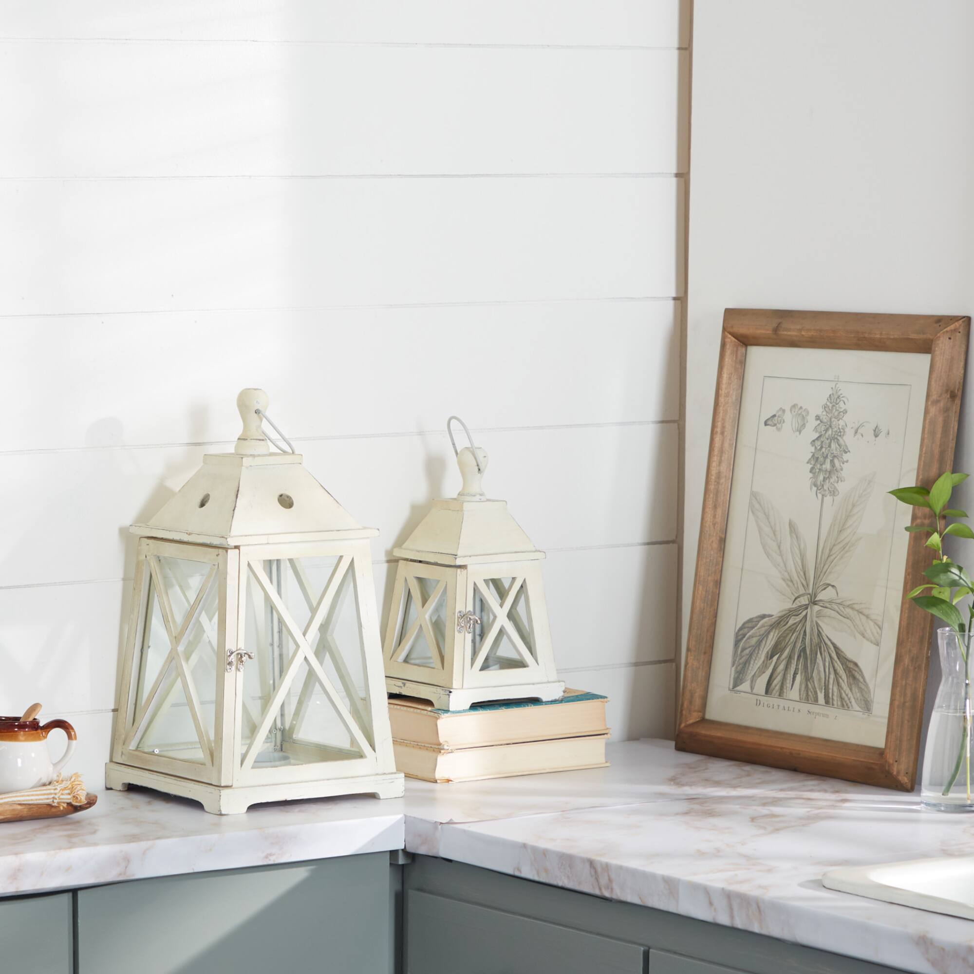Set of 2" White Wood Coastal Lantern, 19", 12"